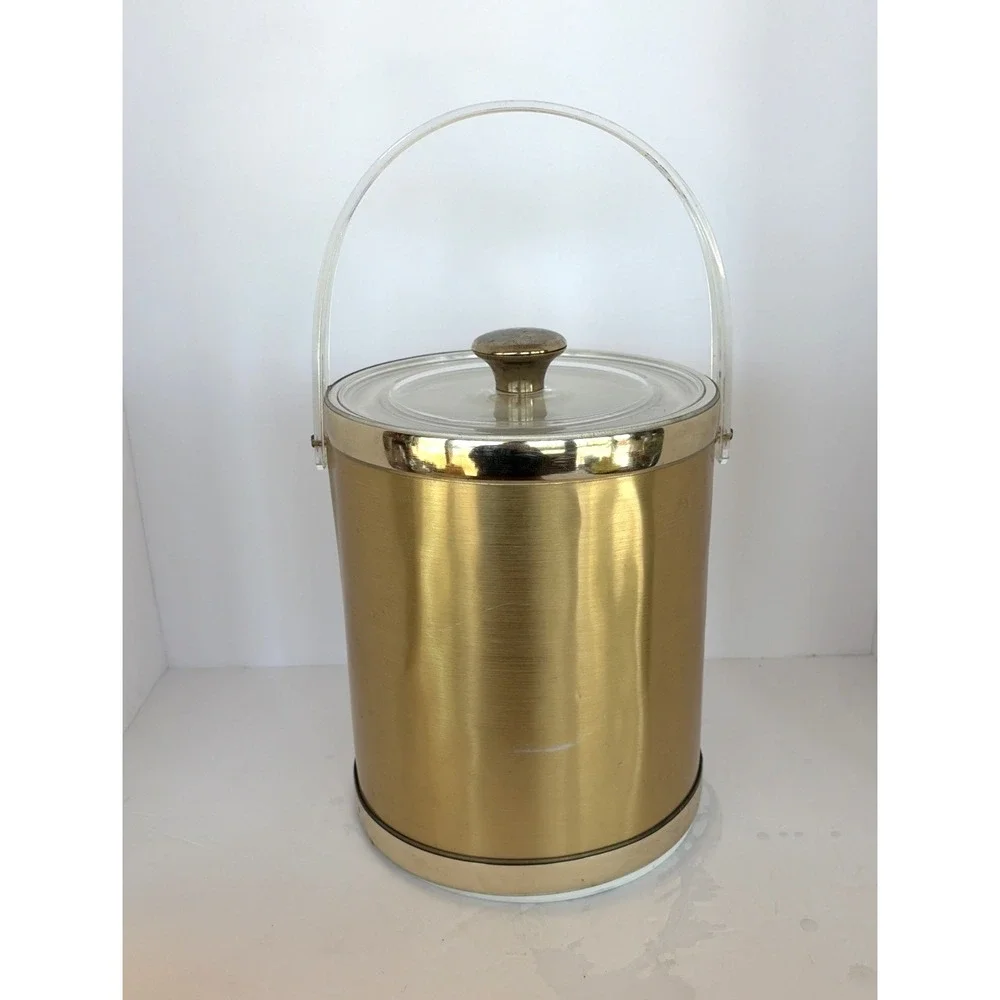 Vintage MCM Gold Culver Ice Bucket Gold Clear Lucite Handle and Lid Retro